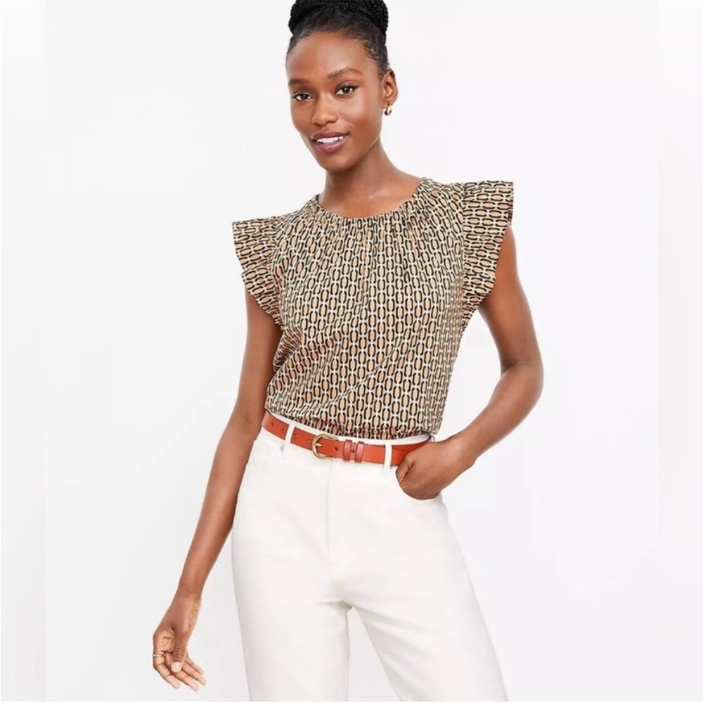 Ann Taylor LOFT Geometric Patterned Flutter Sleeve Blouse Higher Round Neckline